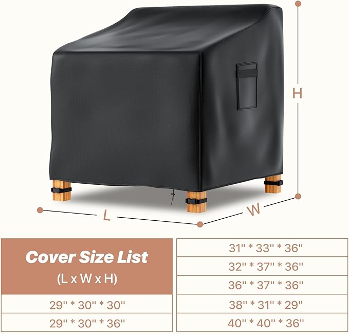 Likorlove Patio Chair Covers Waterproof – 29" W x 30" D x 36" H, 600D Heavy Duty Outdoor Furniture Covers for Deep Seat Lounge Chairs, Windproof with Buckles & Air Vent, Black (2 Pack)