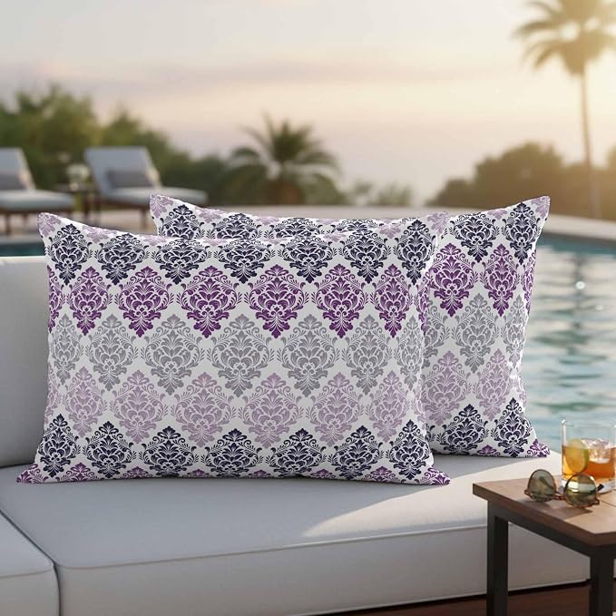 Vintage Floral Outdoor Pillow Covers Set of 2 Black Purple Flower Pattern Country Gradient Waterproof Throw Pillow Cover Decorative Cushion Cases for Patio Porch Garden 20X12 Inch
