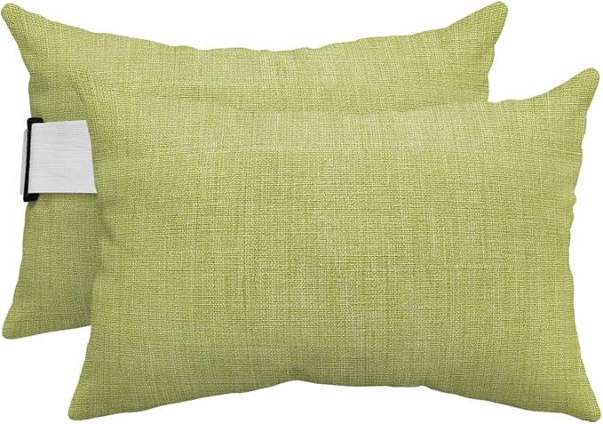 Fruit Green Outdoor Lumbar Pillows 12x20 Set of 2, Farmhouse Burlap Solid Green Color Modern Linen Texture Waterproof Throw Pillow Covers with Insert, Decorative Support Pillows for Lounge, Chaise