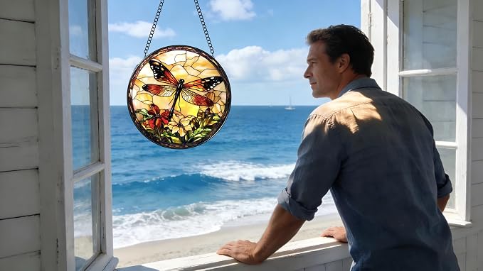 Stained Glass Window Hanging - A Dragonfly is Docked in The Garden 6.3 Inches Suncatcher for Garden Home Decor for Women Mom Grandma Friends