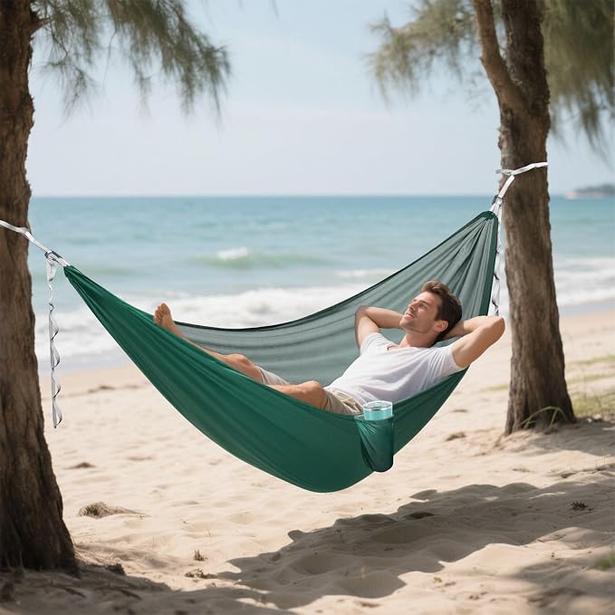 Hunter Green Solid Color Camping Hammock, Portable Lightweight Single Hammock with Tree Straps and Aluminum Carabiners, 114" x 54" Travel Hammock for Hiking Backpacking Beach
