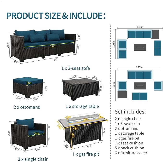 Outdoor Patio Furniture 60000 BTU Outdoor Propane Fire Pit Table Patio Furniture Set 45 In Outdoor Fire Pits 7 Pieces Patio Sofa Outdoor Chairs Anti-slip Cushions Waterproof Covers, Peacock Blue