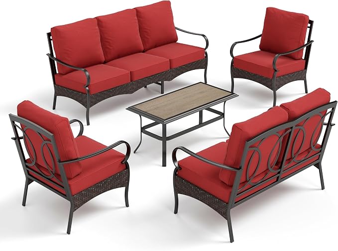 PHI VILLA Outdoor Modern Patio Furniture Set, Upgraded Wicker & Metal Patio Conversation Set with Waterproof Thick Cushions for Porch, Poolside, Yard (5 Pieces,Red)