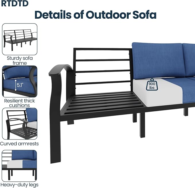 Aluminum Outdoor Patio Furniture Set,7 Seats Patio Conversation Sets with 45" Propane Fire Pit Table,Metal Patio Sectional Furniture Set with 2 Swivel Rocking Chairs,Navy Blue