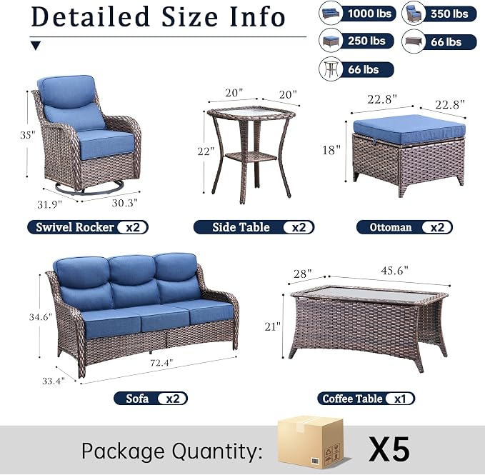 Luxury 6" Thick Cushion 9 Pieces Wicker Patio Furniture Set with High Back Swivel Rocker Chairs, Outdoor Conversation Set with Patio Couch for Deck Porch Yard and Poolside