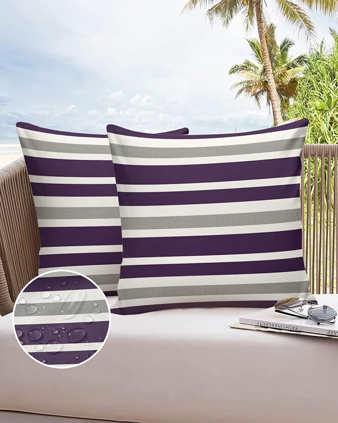 Outdoor Waterproof Pillow Covers for Patio Furniture Purple, Grey and White Stripes Decorative Throw Pillow Cover Farmhouse Stripe Pillowcases Set of 2 Cushion Case for Sofa Couch Chair 26x26 In