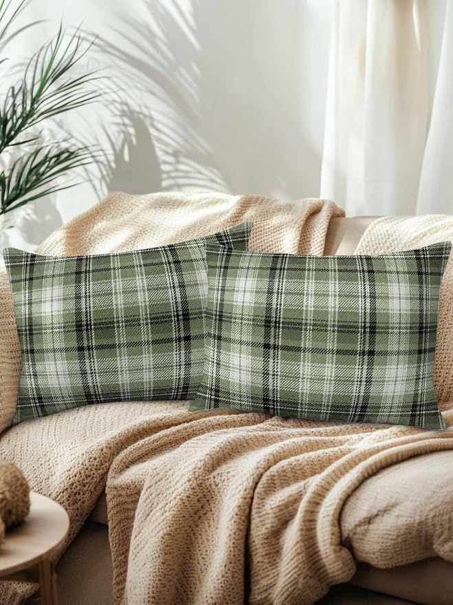 Waterproof Outdoor Pillow Set of 2 Green Checked Plaid Decorative Throw Pillows Cover & Insert 20x12 Inch Lumbar Pillowcase Stripes Woven Grid Pillows for Couch Sofa Bed Patio Furniture Indoor Outdoor