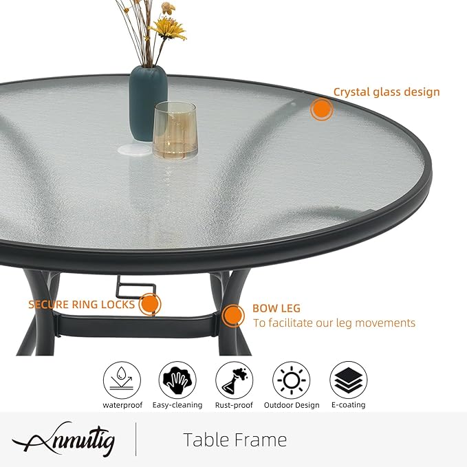 Patio Table and Swivel Chairs Set with Glass Table, BrownYellow Chairs Sty1 | 4 Piece Swivel Chairs: High Back, Retro Armrest, Textilene Fabric, Rocking; 40 inch Round Table: Glass Top; All Weather
