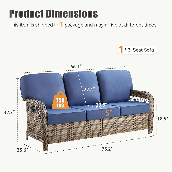75'' Patio Couch Outdoor Wicker Sofa, Heavy Duty All-Weather Rattan 3-Seater Sofa with Deep Seating and Removable Cover, Outdoor Patio Furniture for Deck Porch Sunroom Backyard, Blue