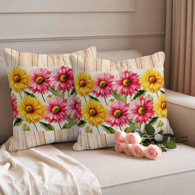 Yellow Pink Daisy Outdoor Pillow Covers 18"x18" Set of 2, Rustic Farmhouse Boho Brown Wood Grain Waterproof Throw Pillow Covers for Patio Furniture, Decorative Cushion Covers for Porch