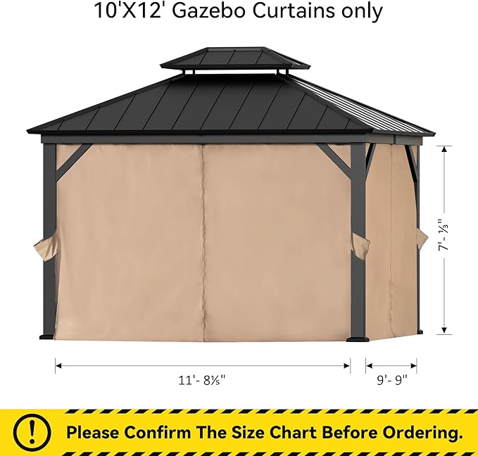Covered Outdoor Gazebo Curtain Replacement Universal 4-Panel Sidewalls 10' x 12', Outdoor Gazebo Privacy Curtains with Zipper, Replacement for Outdoor, Patio Canopy, Garden and Backyard (Curtain Only)