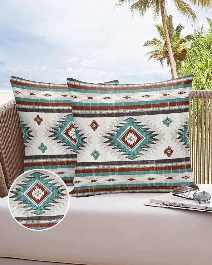 Outdoor Waterproof Throw Pillow Covers Set of 2 Teal Red Boho Aztec Pillowcases 26x26 Inches Southwest Tribal Geometric Patio Decorative Pillows Cushion Case Patio Pillows for Couch Bed Chair Garden