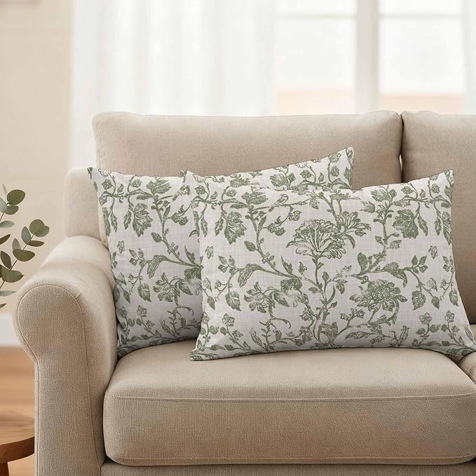 Pastoral Flowers Outdoor Pillow Covers 20"x12" Set of 2, Green Flower Vintage Linen Texture Waterproof Throw Pillow Covers for Patio Furniture, Decorative Cushion Covers for Porch