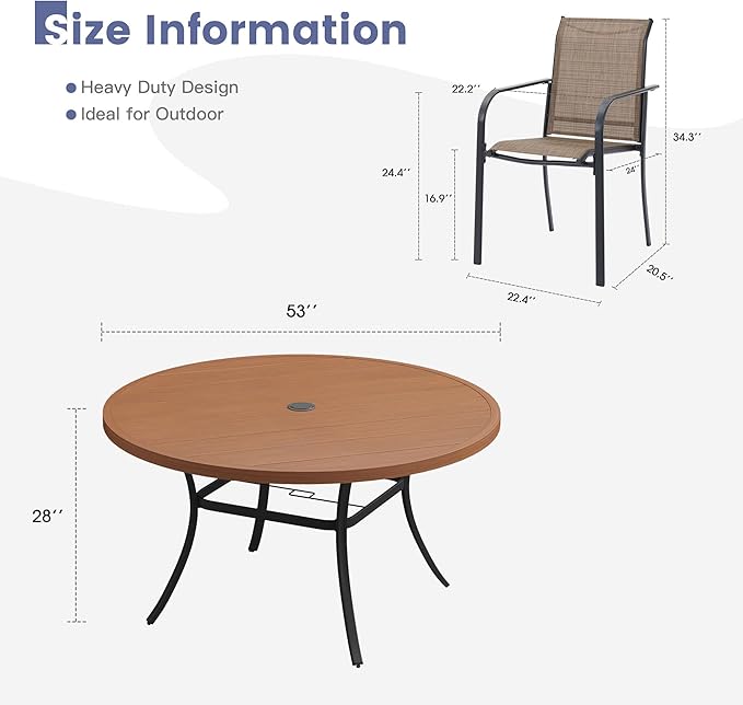 VICLLAX Round Outdoor Dining Set, Patio Table and Chairs Set Set of 6 Patio Stackable Chairs and 47" Outdoor Round Table with Umbrella Hole for Backyard Lawn Garden, Brown Chairs and Walnut Table