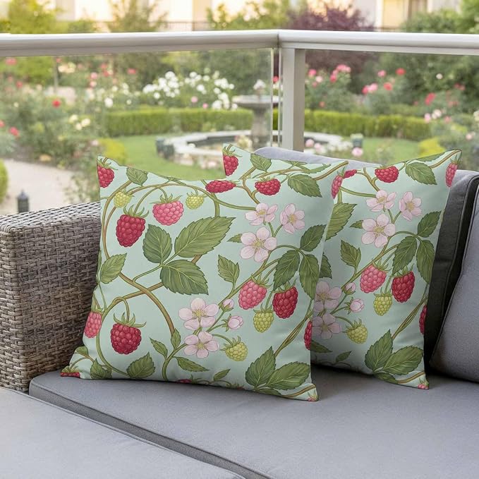 Raspberry Leaves Outdoor Pillow Covers 18"x18" Set of 2, Watercolor Red Pink Fruit Floral Mint Green Waterproof Throw Pillow Covers for Patio Furniture, Decorative Cushion Covers for Porch