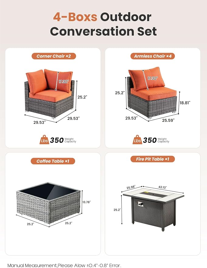 ovios Outdoor 8 Piece Patio Furniture Set with Fire Pit Table,Conversation Sectional Wicker Couch with Coffee Table,Modern Outside Sofa for Balcony Backyard, Orange