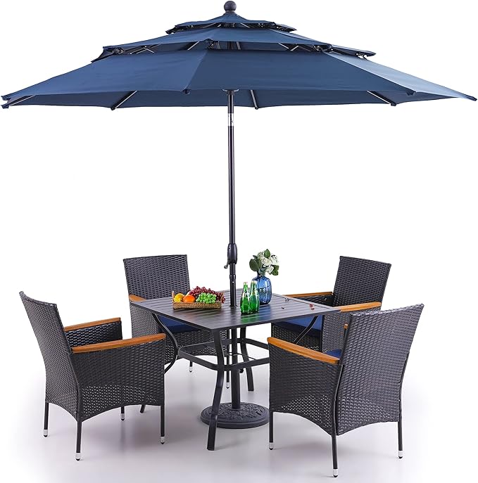 PHI VILLA 5pc Patio Dining Set with Umbrella, Square Table, Rattan Chairs | 37" Metal Table, Cushioned PE Rattan chairs, 10ft Navy Blue 3 Tier Auto-tilt Umbrella (Base Not Included)