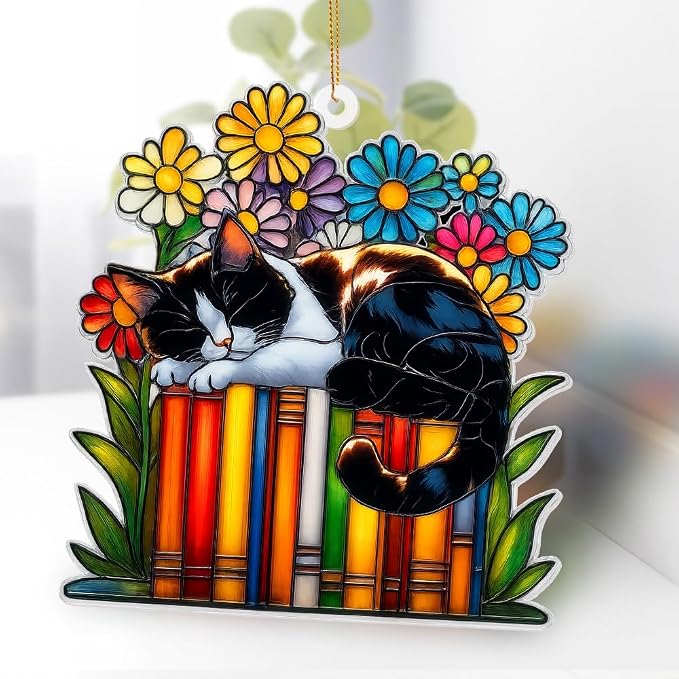 Cat Book Ornament – Stained Glass Style Acrylic Christmas Ornament, Book Lover Gifts for Women, Teacher & Librarian Holiday Decorations, Bookworm Fantasy Ornament for Reading Nook or Tree(Sun-16)