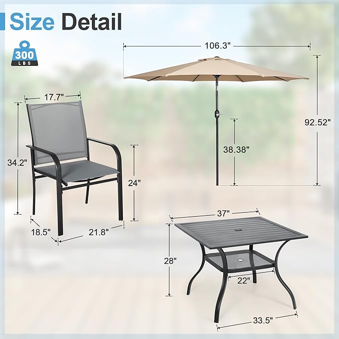 Crownland 5 Piece Patio Dining Set, Textilene Dining Sets, 4 Textilene Metal Chairs and Square Outdoor Dining Table with Khaki 9FT Round Outdoor Umbrella (Grey)