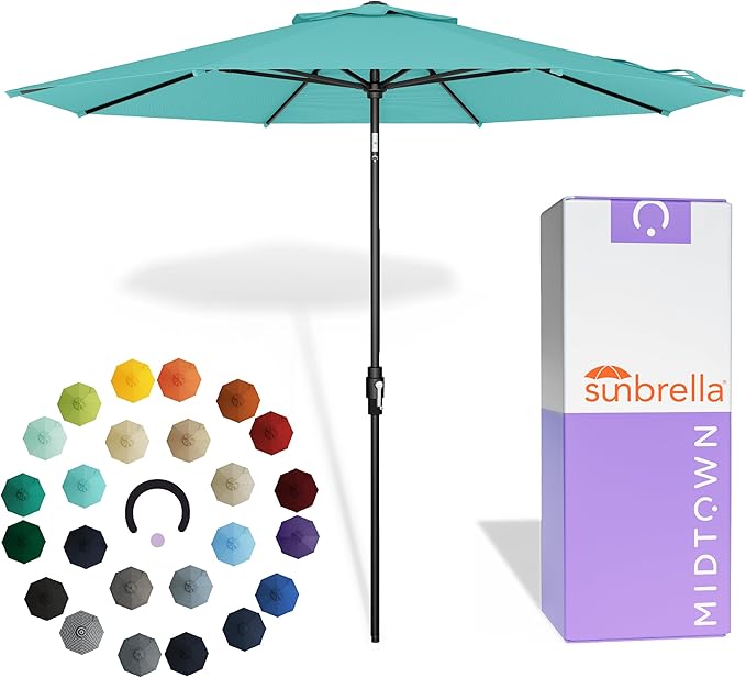 Midtown Umbrellas – The Swilt 9 Ft Patio Umbrella with 360° Swivel & Tilt Mechanism, Sunbrella Fabric & 8 Fiberglass Ribs – Outdoor Umbrella for Deck, Pool & Cafes – Aruba Canopy, Black Pole