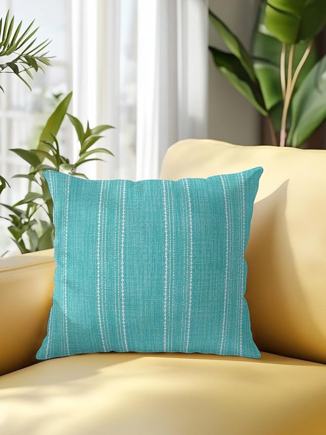 Waterproof Outdoor Pillow 1 Pack Aqua Linen Stripes Decorative Throw Pillows Cover & Insert 16x16 Inch Pillowcase Parallel Vertical Lines Pillows for Couch Sofa Bed Patio Furniture Indoor Outdoor