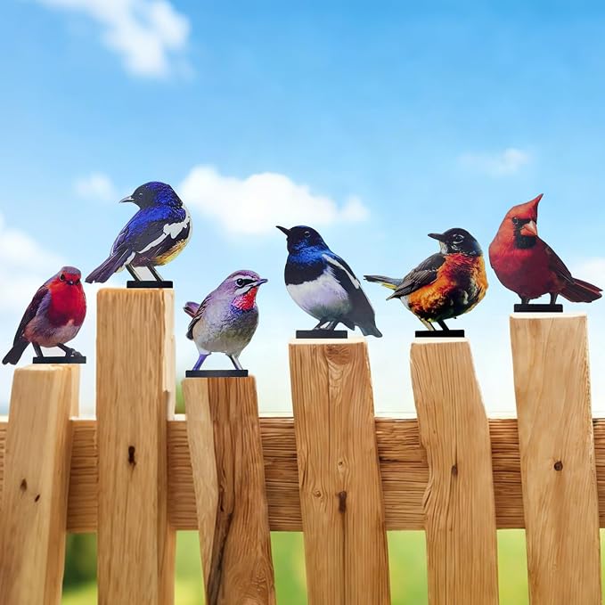 6 PCS Color Painted Metal Bird Sculptures - Vivid 2D Garden Decor for Outdoor Fences, Patio, Yard for Bird Lovers