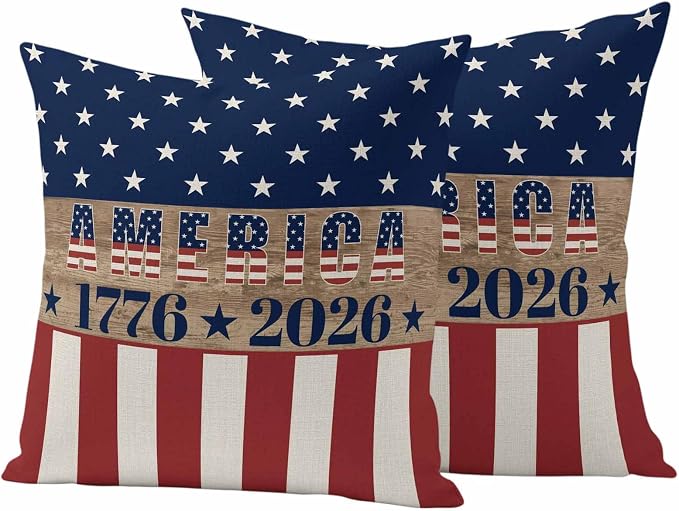 250th Anniversary Outdoor Pillow Covers 26"x26" Set of 2, Waterproof Throw Pillow Covers for Patio Furniture, USA Flag Red Striped Blue Star Retro Decorative Cushion Covers for Porch