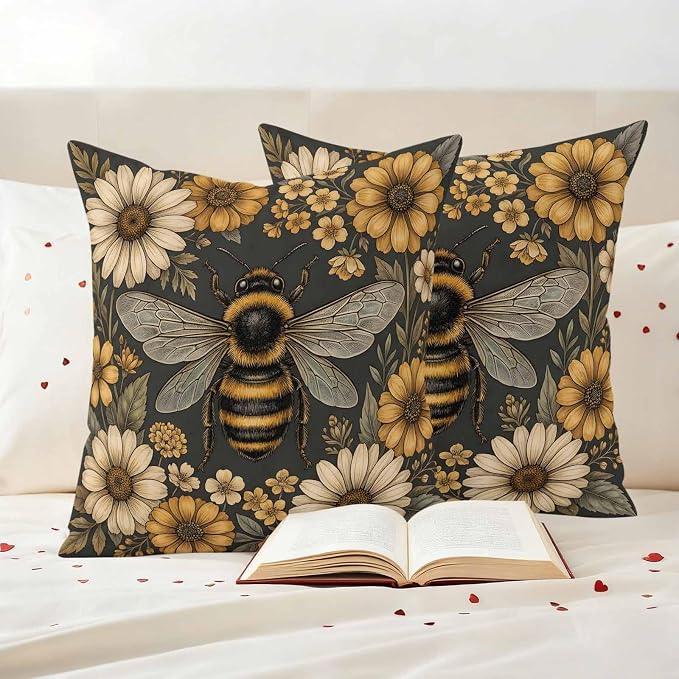 Outdoor Pillow Covers Waterproof, Bee Flowers Decorative Square Throw Pillowcases Patio Cushion Covers for Tent/Garden, 20" x 20" 2 Pack, Retro Country Animals Botanical Floral Plants