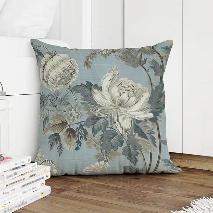 Spa On Flax Blue Chinoiserie Pillow Cover Grey Peony Asian Throw Pillow Cover Classic Decorative Cushion Cases Home Decor for Couch Garden Tent Balcony 20x20 in