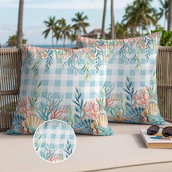 Throw Pillow Covers 16x16 Inch Set of 2, Nautical Coastal Waterproof Outdoor Pillow Covers, Summer Beach Shell Coral Seaweed Blue Plaid Decorative Cushion Pillowcases for Couch, Sofa, Bed, Patio