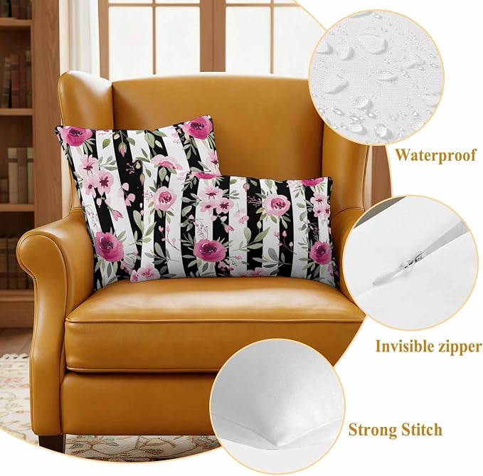 Outdoor Throw Pillow Covers Waterproof Pillow Cases 18x18in Watercolor Pink Floral Decorative Cushion Cases for Couch Sofa Patio Garden 2 Pack Black and White Stripes