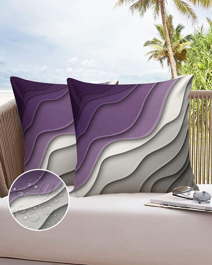 Funy Decor Waterproof Outdoor Throw Pillow Cover Purple Grey Modern Geometric Lumbar Pillowcases Set of 2 Abstract Beach Decorative Patio Furniture Pillows for Couch Garden 20x20 inch x 2pcs