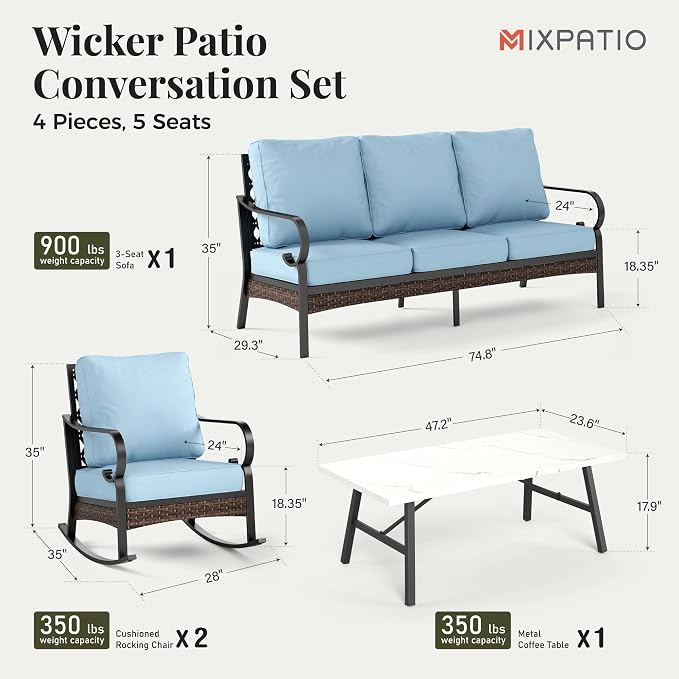 MIXPATIO Patio Furniture Set with Coffee Table, Outdoor Conversation Set with 2 x Rocking Chairs, 1 x 3-Seat Sofa for Lawn Garden Backyard, Blue