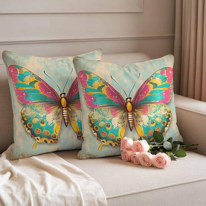 Watercolor Butterfly Outdoor Waterproof Throw Pillow Covers Set of 2, 18"x18", Corlorful Vintage Texture Decorative Pillow Covers Outside Cushion Case for Patio Porch Garden