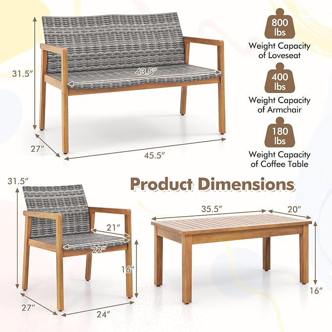 Tangkula 8 Pieces Outdoor Furniture Set, Acacia Wood Frame Sofa Set w/Rattan Seat & Back, Patio Conversation Set w/Coffee Table for Balcony, Poolside, Backyard
