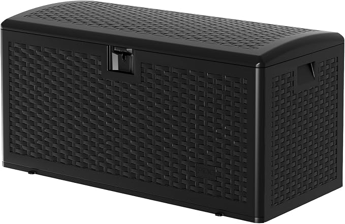 Jojoka 73 Gallon Lockable Resin Deck Box – Waterproof & UV-Resistant Outdoor Storage Bench – Rattan Style, Weatherproof, Side Handles – Patio Cushions, Garden Tools, Pool Accessories – Black, Webbing