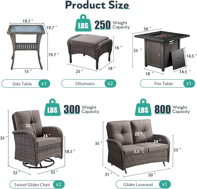 7 Piece Patio Furniture Set with Fire Pit Table - Wicker Patio Conversation Set with Swivel Glider, Glider Loveseat, Side Table and 2 Ottomans for Deck Backyard - Brown Wicker Grey Cushion
