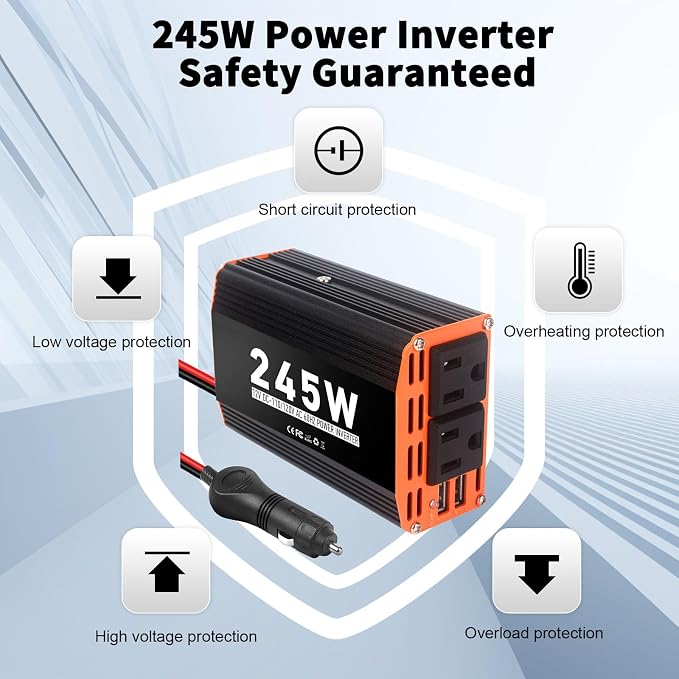 245W Car Power Inverter 12V AC to 110V/120V DC Converter Peak Power 490W Indoor & Outdoor Use with 2 AC Outlets & 2 USB Ports Car Laptop Charger Car Adapter