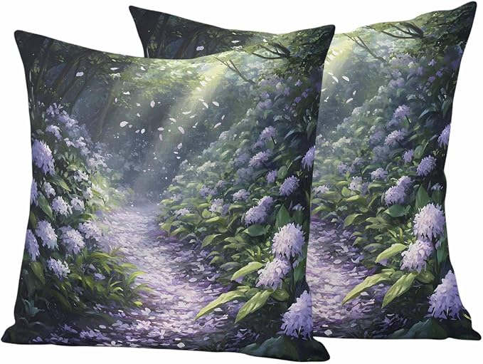 Purple Floral Outdoor Waterproof Throw Pillow Covers Set of 2, 26"x26", Spring Landscape Scenery Nature Decorative Pillow Covers Outside Cushion Case for Patio Porch Garden