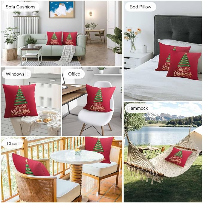 Red Christmas Tree Outdoor Pillow Covers 26 x 26 Inches, Green Xmas Tree with Star Waterproof Throw Pillow Cover Set of 2, Christmas Red Decorative Square Cushion Covers for Patio/Couch/Garden