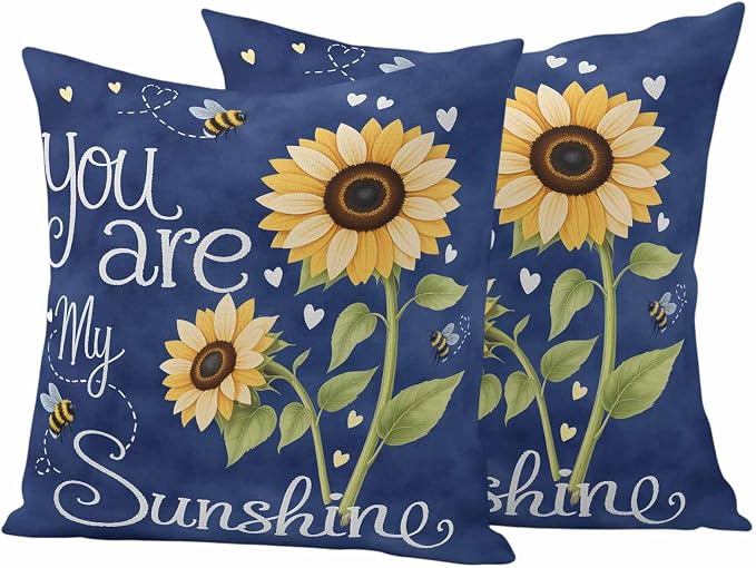 Outdoor Pillow Covers You are My Sunshine Words Decorative Throw Pillow Covers, Farm Sunflowers Bee on Blue Throw Cushion Case with Zipper for Patio,Couch,Sofa,Garden 16x16in Set of 2