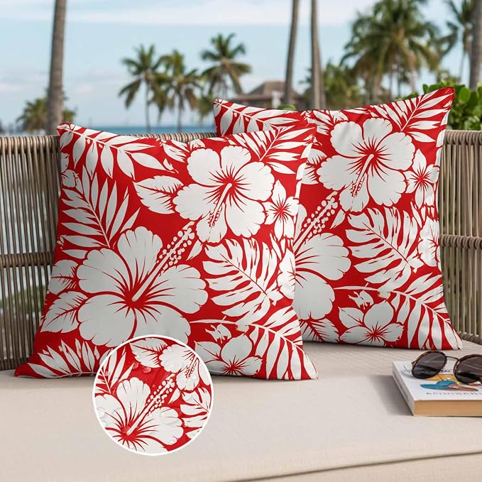 Red Hibiscus Flowers Waterproof Outdoor Pillow Covers Set of 2 Home Decor, Tropical Monstera Leaves Pillowcase Patio Pillow Covers for Couch Bench Patio Furniture Garden 24x24in