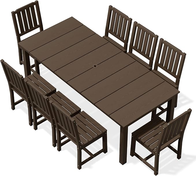 AreShark 9-Piece Outdoor Dining Set,HDPE Patio Table with 8 Armless Chairs,All-Weather Patio Furniture Set with Umbrella Hole,Low Maintenance Wood Grain Dining Set for Backyard,Garden,Poolside,Black