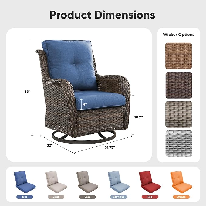 Belord Outdoor Swivel Chairs Set of 2,Patio Wicker Rocker Chairs,All Weather Patio Conversation Furniture Set, Ideal for Porch Balcony Deck Yard, Brown Wicker/Blue