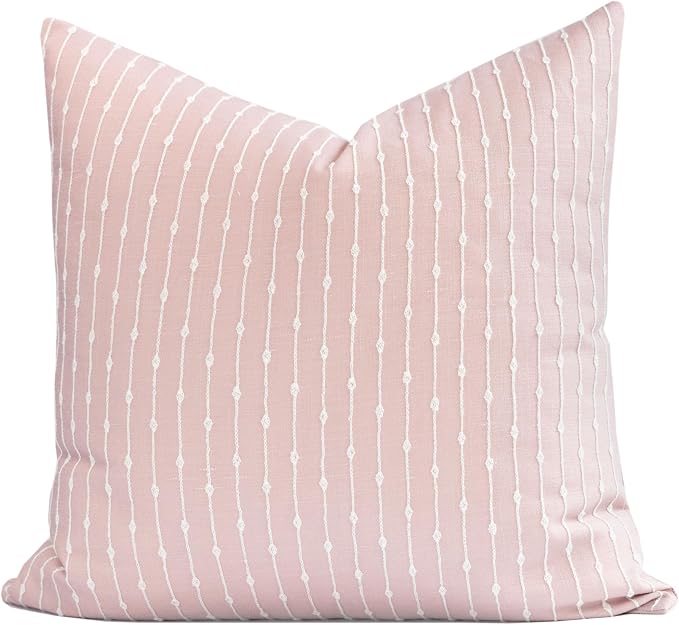 Modern Farmhouse Fall Linen Indoor Outdoor Throw Pillow Cover Only, 20"x20" Water Repellent for Patio, Backyard, Couch, Dark Rose Neutral Embroidered Stripes