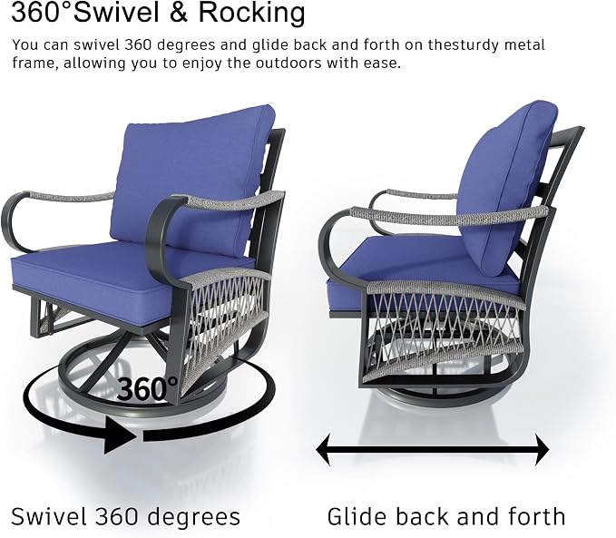 5 Pieces Patio Furniture Set, Rope Outdoor Conversation Sets with Swivel Chairs, Modern Metal Couch Sofa Seating Group with Coffee Table and Side Table (Blue Cushions)