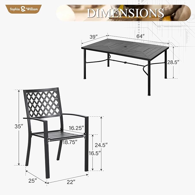 Sophia & William Patio Table and Chairs Set, Outdoor Dining Set for 6, 7 Piece Metal Patio Furniture, 64" Black Rectangular Table(Diamond)