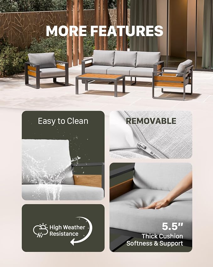ZANDOR Aluminum Outdoor Patio Furniture Set with Coffee Table, 2 Seats Patio Conversation Sets with Washable Thick Cushions, Outdoor Sectional for Porch, Backyard, Deck, Garden & Poolside, Grey
