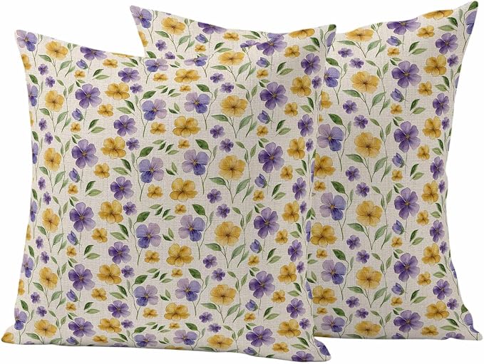 Purple Yellow Flower Outdoor Pillow Covers Set of 2 Spring Green Leaf Watercolor Floral Farm Waterproof Throw Pillow Cover Decorative Cushion Cases for Patio Porch Garden 16X16 Inch