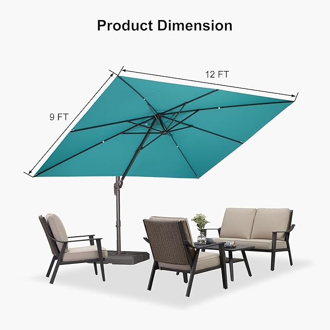 PURPLE LEAF 9' X 11.5' Rectangle Cantilever Umbrella Patio Umbrella Antique Bronze Outdoor Aluminum Offset Hanging Umbrella with 360-degree Rotation for Pool Garden Backyard Deck, Turquoise